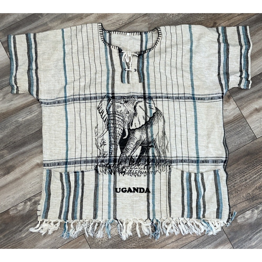 African Elephant Printed Kikoy Shirt Adult XXL Beige Uganda Woven Hemp Pockets